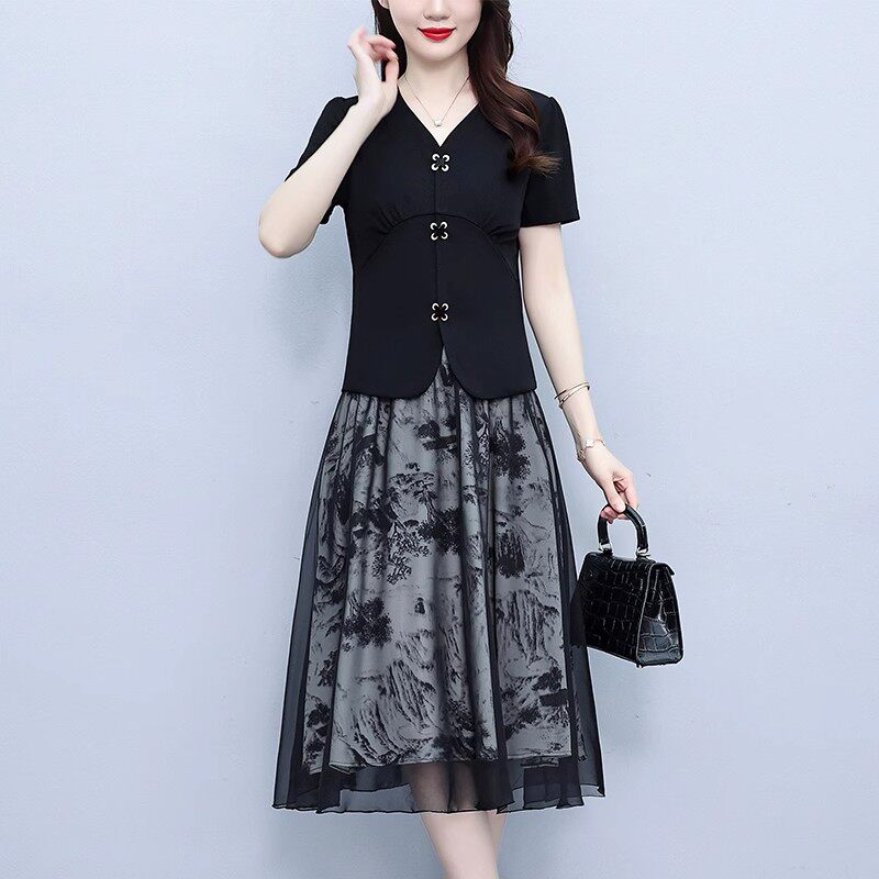 遮肚子显瘦连衣裙子女士2025夏季新款大码气质高端雪纺两件套装裙