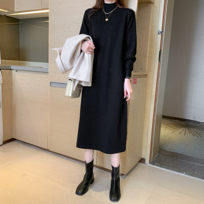 胖妹妹遮肚显瘦连衣裙女秋冬大码半高领长款过膝打底衫毛衣裙子潮