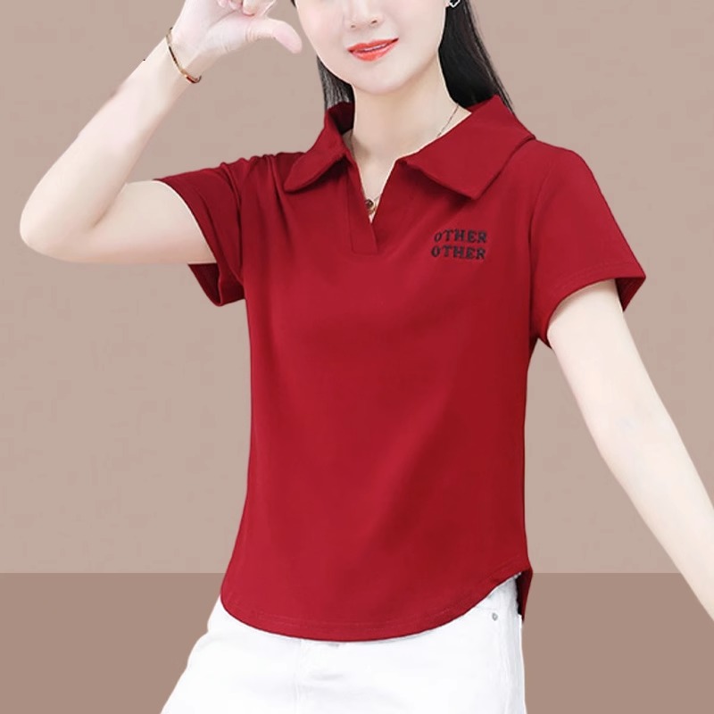 纯棉短袖t恤女士polo衫2025夏女装新款翻领短款上衣小个子体恤衫