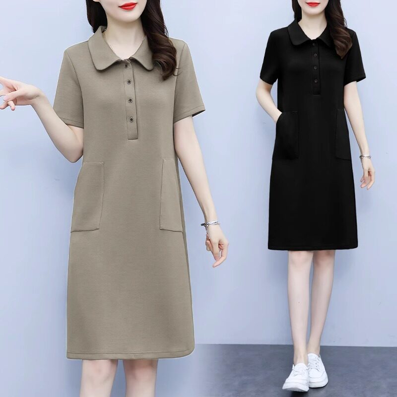 polo领短袖连衣裙女夏季2025新款胖mm宽松大码遮肚显瘦休闲直筒裙