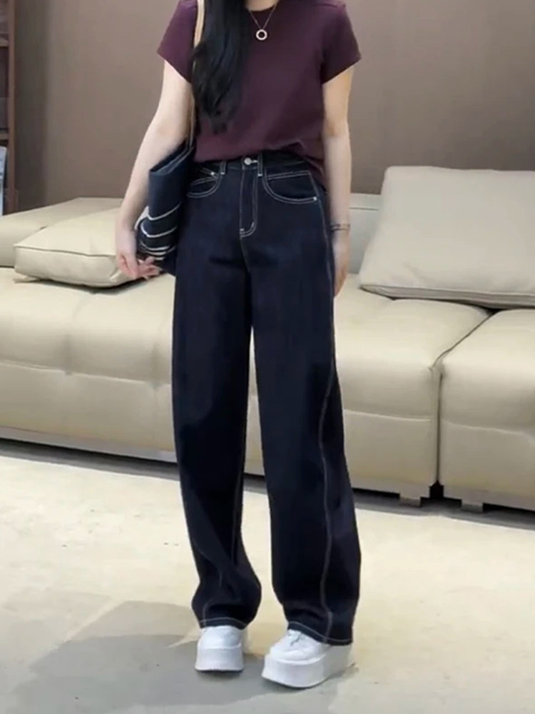 深蓝色牛仔裤女春秋新款大码胖mm遮肉显瘦阔腿窄版高腰直筒弯刀裤