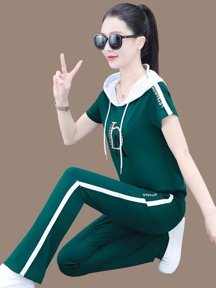 运动套装女夏装时尚连帽短袖休闲服两件套洋气减龄卫衣冰丝运动服