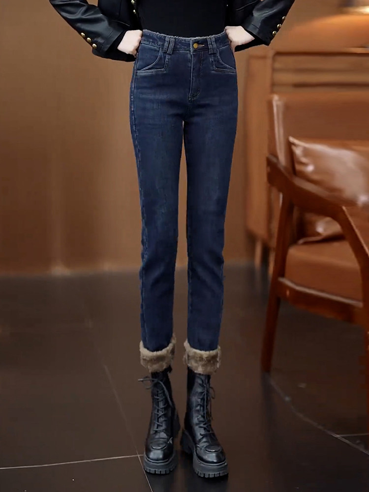加绒加厚牛仔裤女2025冬季新款女士高腰大码小脚保暖打底外穿裤子