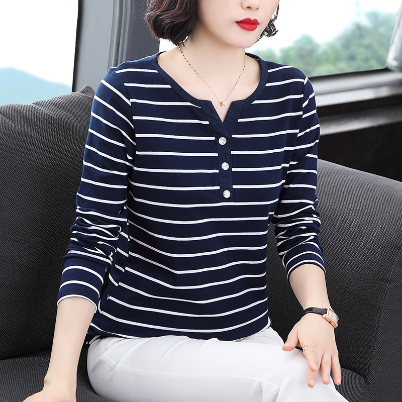 纯棉长袖t恤女洋气v领上衣女装2024年春装新款韩版百搭条纹打底衫