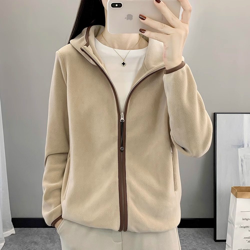 摇粒绒外套女连帽开 衫防风保暖上衣2025春秋季户外休闲 运动抓绒