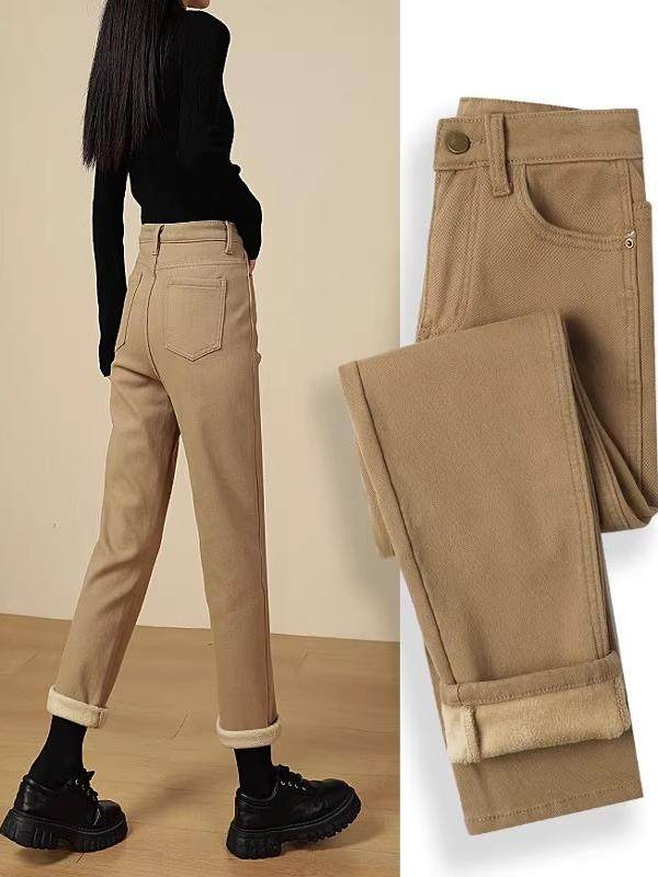 加绒加厚窄版牛仔裤女2025年秋冬高腰直筒卡其色显瘦修身烟管裤子