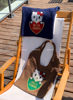 原创设计现货kitty单间网兜包针织包斜挎包可爱童趣度假包包邮