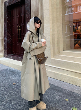日本offcat中长款风衣外套女2025春秋新款小个子连帽休闲工装大衣