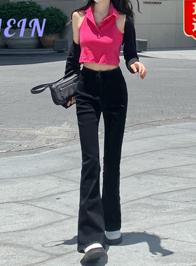 日本offcat黑色微喇叭牛仔裤女2025年春季新款高腰显瘦弹力修身小