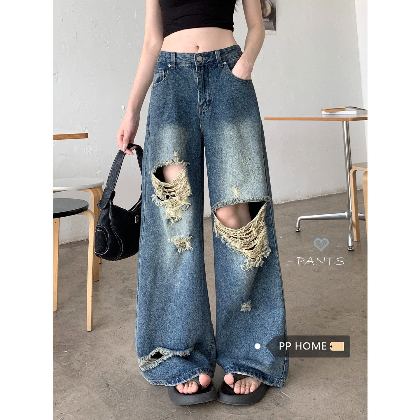 日本offcat美式高街蓝色水洗做旧破洞牛仔裤女秋冬小个子宽松阔腿