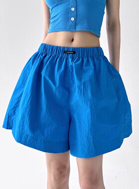 日本offcat蓝色短裤女2025新款夏季显瘦a字热裤阔腿休闲速干裤