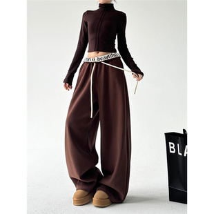 日本offcat直筒裤女冬字母印花拼色翻折腰加绒加厚休闲阔腿裤