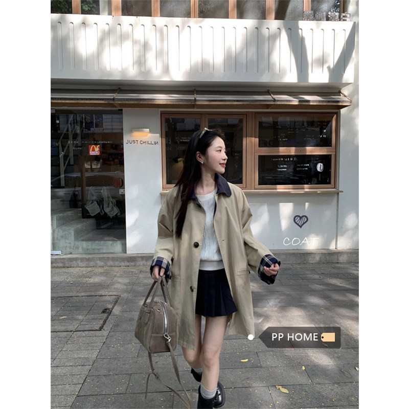 日本offcat卡其色格纹拼接撞色翻领短款风衣女秋季韩系外套高级感