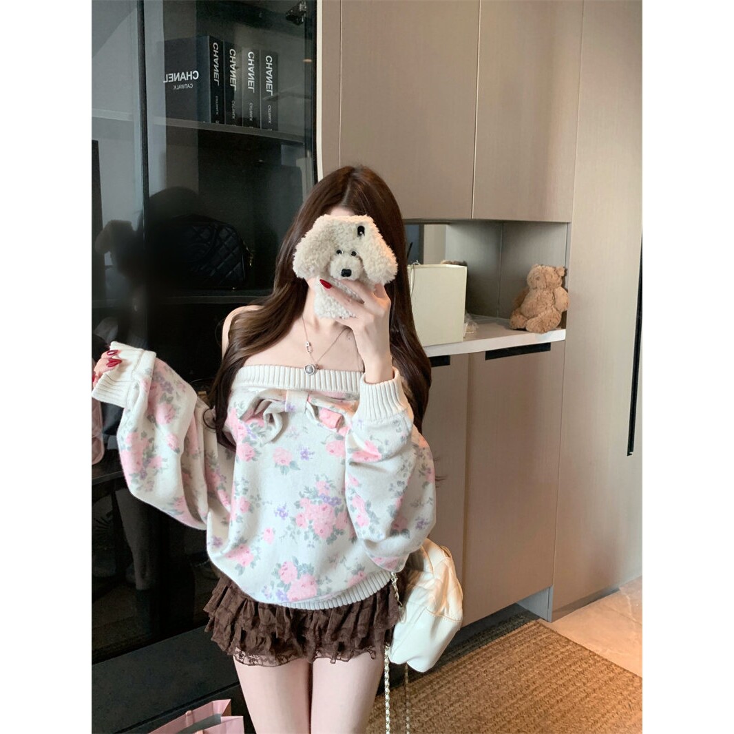日本offcat秋冬甜美风露肩碎花印花毛衣女秋冬宽松一字肩蝴蝶结