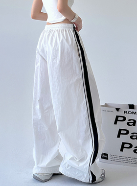 日本offcat白色休闲裤子女2025新款薄款宽松杠条收口工装裤女