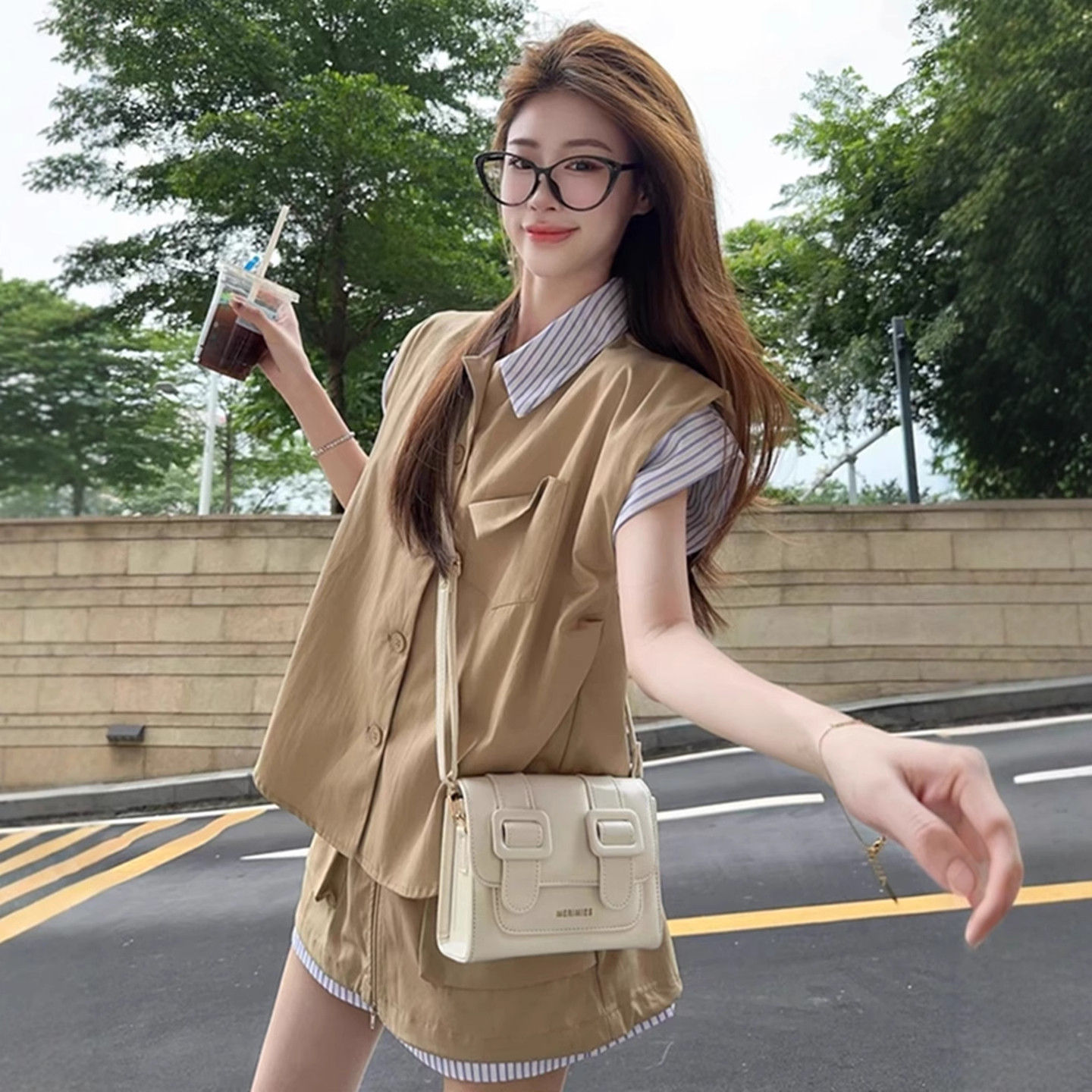 日本offcat复古休闲运动套装女夏季学生宽松短袖短裙两件套