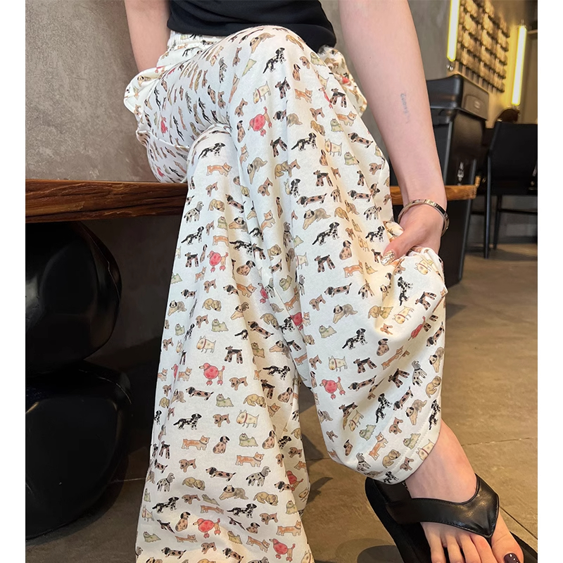 日本offcat奶黄色休闲裤慵懒风女狗狗印花阔腿裤2025夏季新款