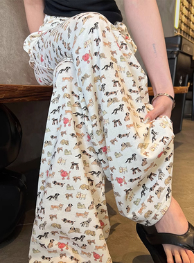 日本offcat奶黄色休闲裤慵懒风女狗狗印花阔腿裤2025夏季新款