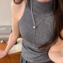 2025新款抽拉银色蛇骨链单颗珍珠吊坠项链女毛衣链长款轻奢高级感