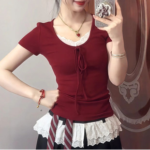 纯欲V领蕾丝拼接假两件短袖T恤女夏季修身显瘦设计感上衣