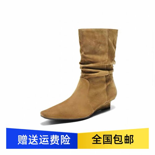 章若楠商场同款羊皮堆堆高长西部靴女2026新款楔形跟女短靴BLT63