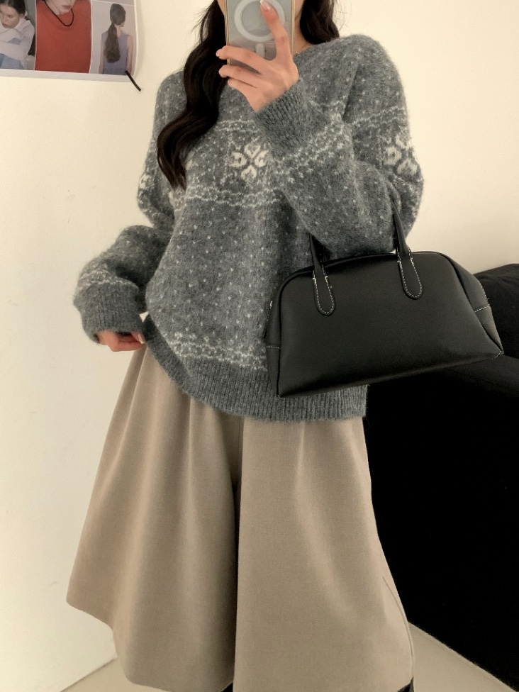 2025秋冬新款韩系复古个性提花慵懒风宽松显瘦保暖圆领套头毛衣女