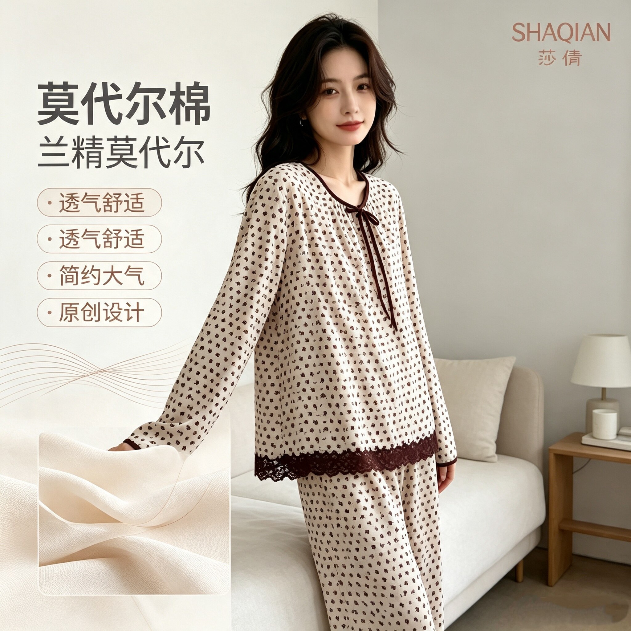 莎倩莫代尔女胸垫蕾丝睡衣套装