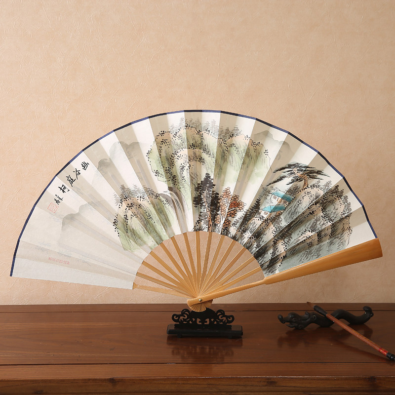 10寸手绘白纸扇中国风男士礼品折扇绘画扇古风山水日用工艺竹扇子