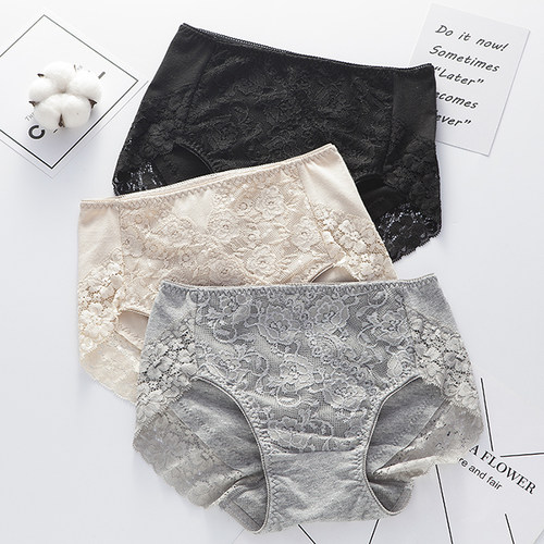 纯棉内裤女中腰收腹蕾丝夏季薄款