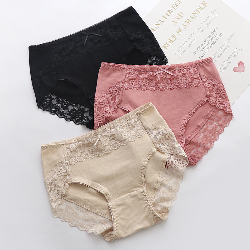 纯棉内裤女中腰简约蕾丝无痕