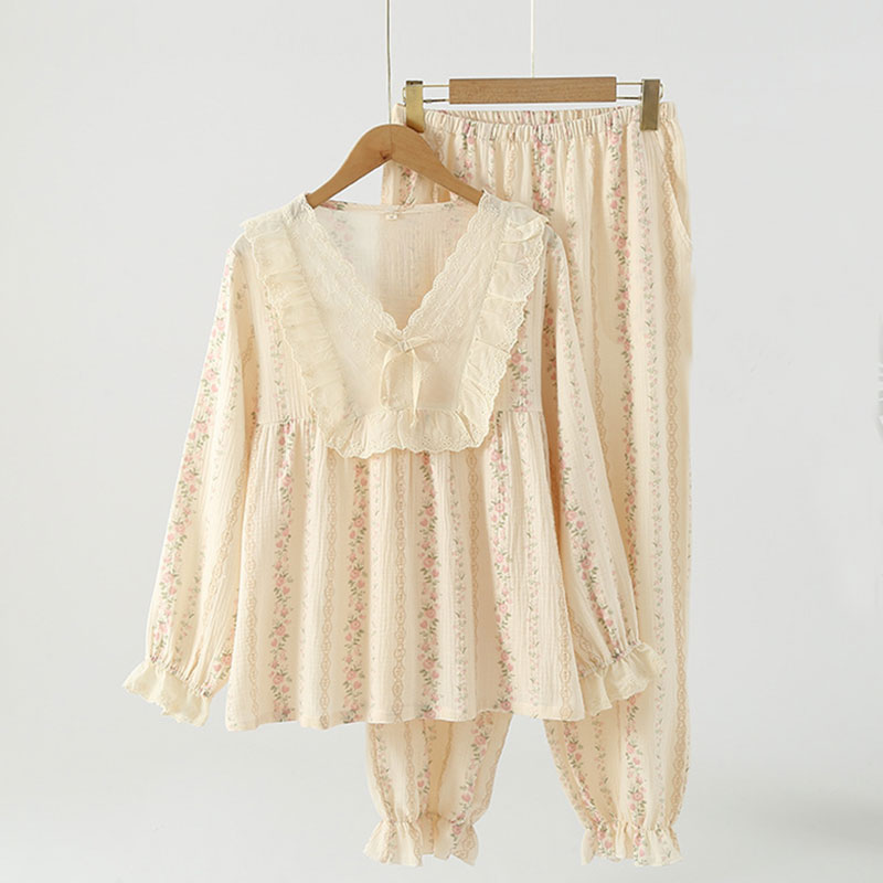 法式蕾丝性感V领纯棉纱四季新款女士长袖长裤家居服睡裤套装睡衣