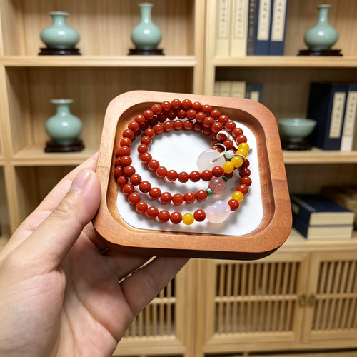 天然满肉南红玛瑙三圈多圈手串女 搭配玉髓蜜蜡新中式长款手链