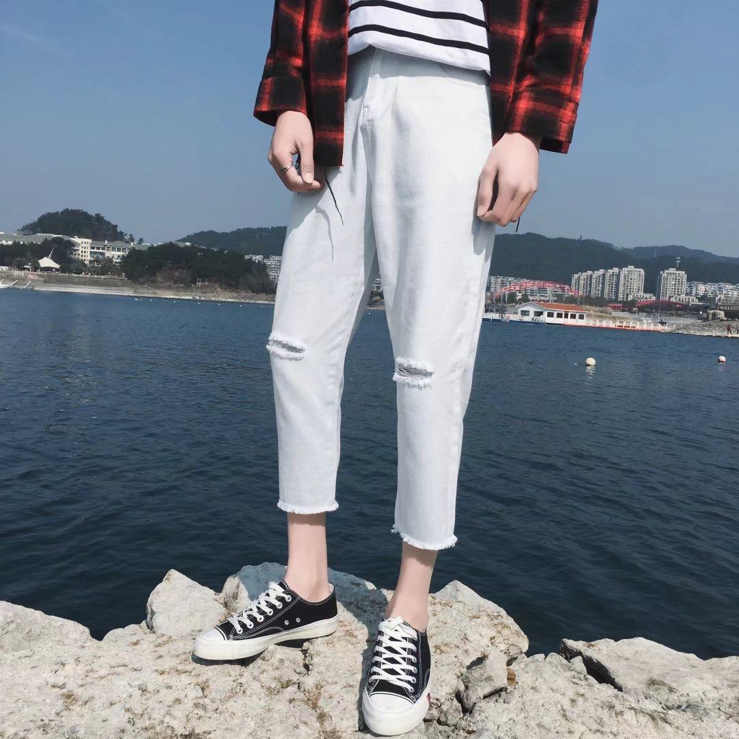 LHZins同款九分裤潮流学生乞丐七分裤帅t膝盖破洞牛仔裤男韩版八