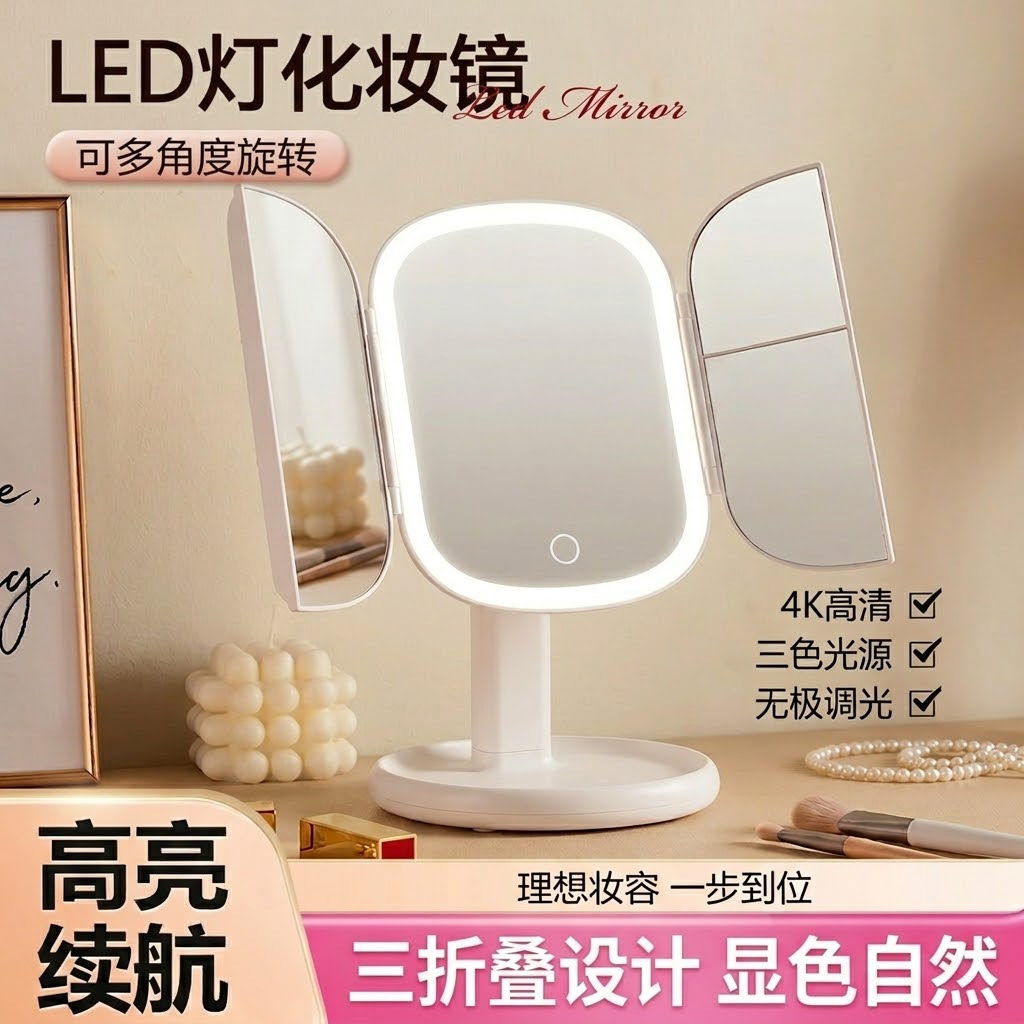 化妆镜led灯卧室女生补光梳妆大号桌面台式白色三折叠镜子化妆镜