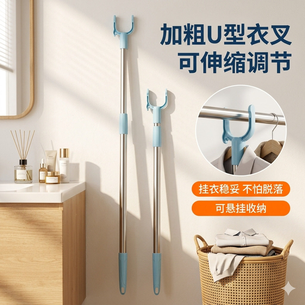 撑衣杆家用可伸缩铝杆手柄晾衣杆家居阳台撑衣杆晒衣杆晾衣叉子