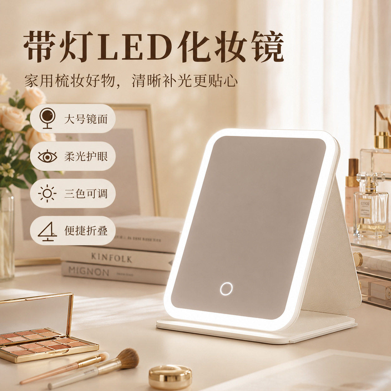 化妆镜带灯led桌面家用大号化妆镜子折叠便携梳妆镜台式美妆镜