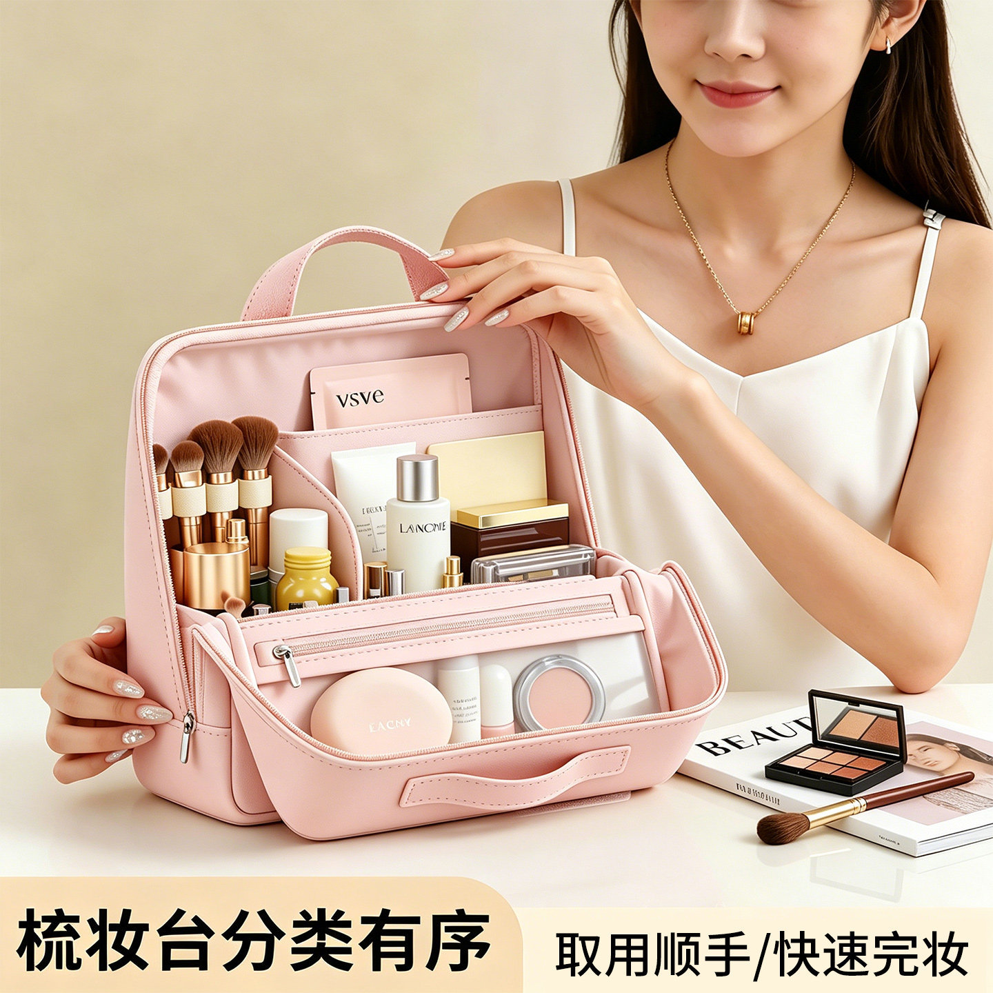 日式立式化妆包洗漱收纳包化妆品收纳大容量多功能分区外出便携