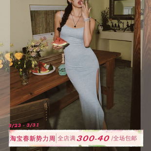 ITSNIKAR 显瘦针织长裙子 性感纯色吊带连衣裙女性感开衩内搭修身