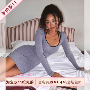 ITSNIKAR桃心領(lǐng)掛脖連衣裙女初秋肌理感設(shè)計(jì)包臀裙性感顯瘦短裙子