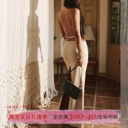 ITSNIKAR 西装挂脖马甲半裙套装女高级感两件套包臀长裙复古上衣