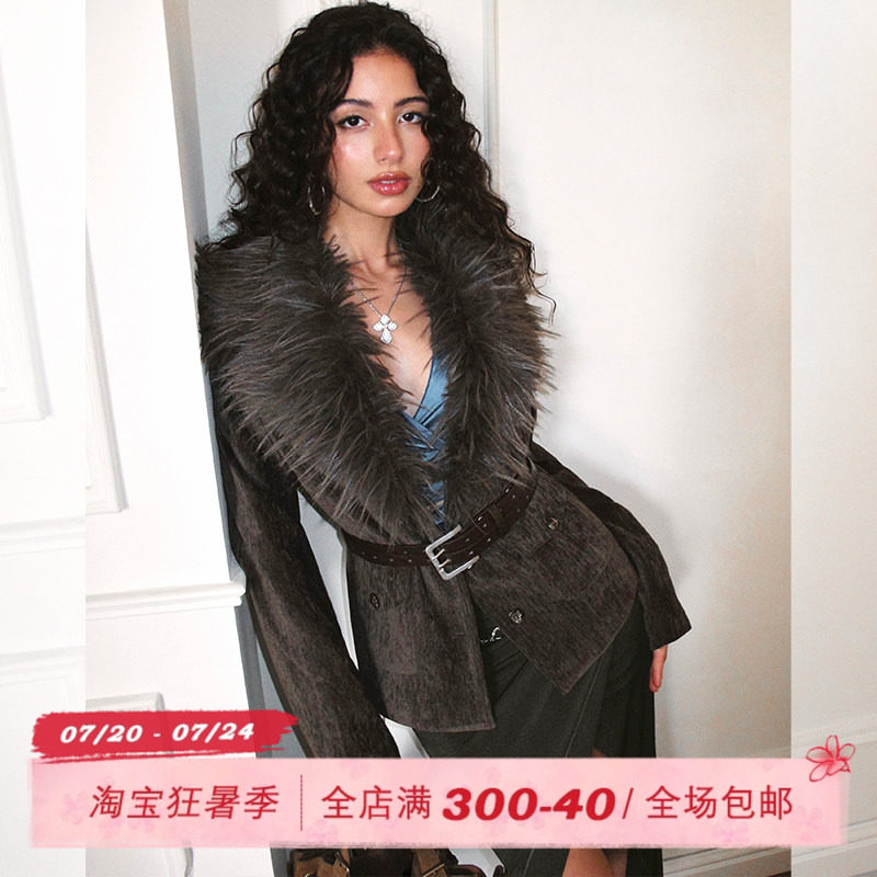 ITSNIKAR法式可拆卸毛毛领拼接呢子外套女秋冬复古立体显瘦短上衣