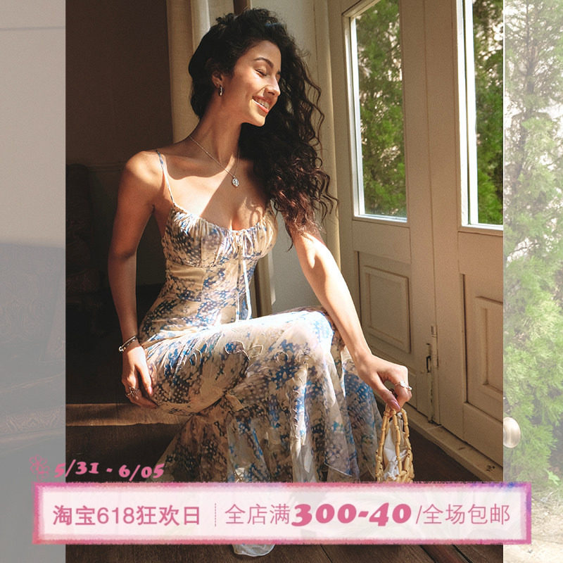 ITSNIKAR【清酒裙】蓝色碎花连衣裙女性感吊带长裙海边度假鱼尾裙