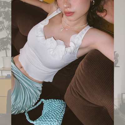ITSNIKAR 法式茶歇花边领无袖吊带背心女夏别致高级感外穿短上衣