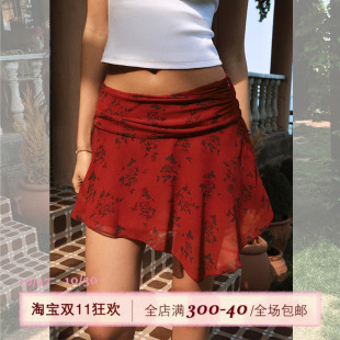 ITSNIKAR 性感包臀裙显瘦短裙子 复古红色雪纺印花半身裙女夏法式