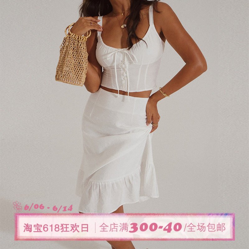 ITSNIKAR「朱莉套装」法式蝴蝶结套装女白色吊带上衣半身裙两件套