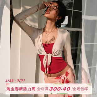 针织开衫 防晒衫 女春薄款 修身 显瘦短上衣 罩衫 ITSNIKAR裸色绑带长袖