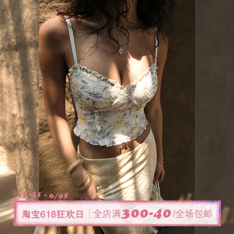 ITSNIKAR法式印花镂空蕾丝吊带背心女夏带胸垫内搭收腰性感短上衣