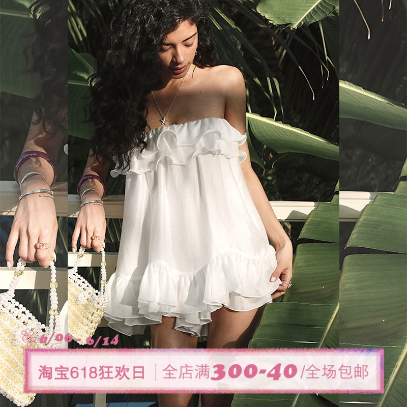 ITSNIKAR 复古露肩抹胸连衣裙女夏度假风褶皱连体裤荷叶边短裙子