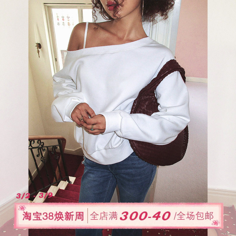 ITSNIKAR美式宽松白色套头斜肩卫衣女秋冬休闲设计感长袖露肩上衣 - ITSNIKAR出品