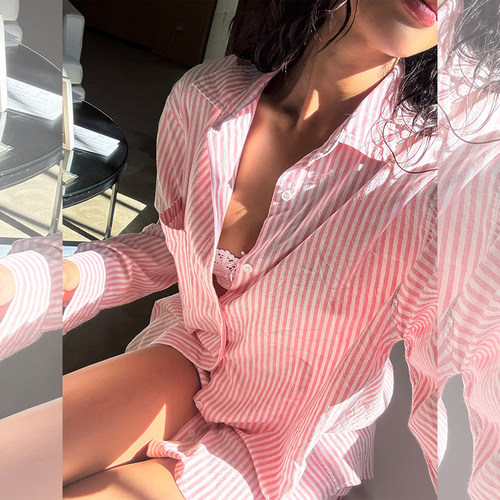 ITSNIKAR 经典条纹衬衫套装女春夏休闲防晒海边度假风短裤两件套